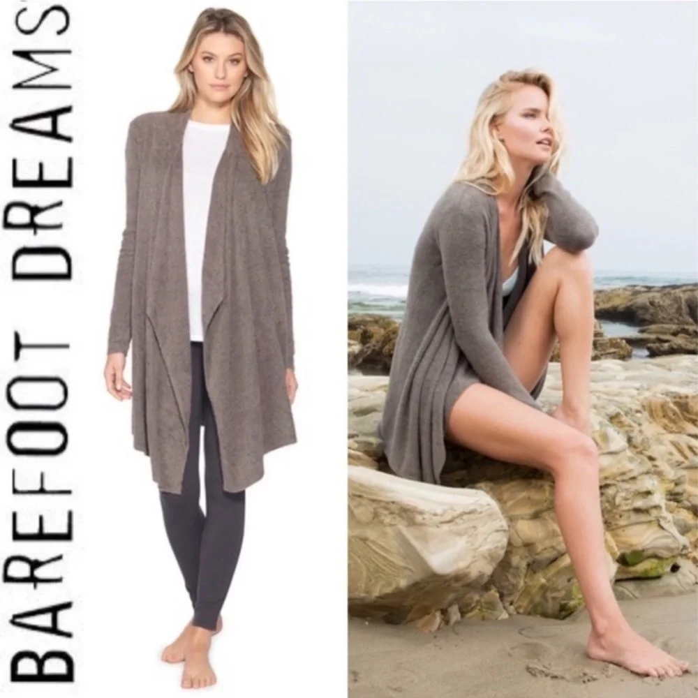 Barefoot Dreams Cozychic Lite Taupe Waterfall Island Wrap Open Cardigan S/M 903‎